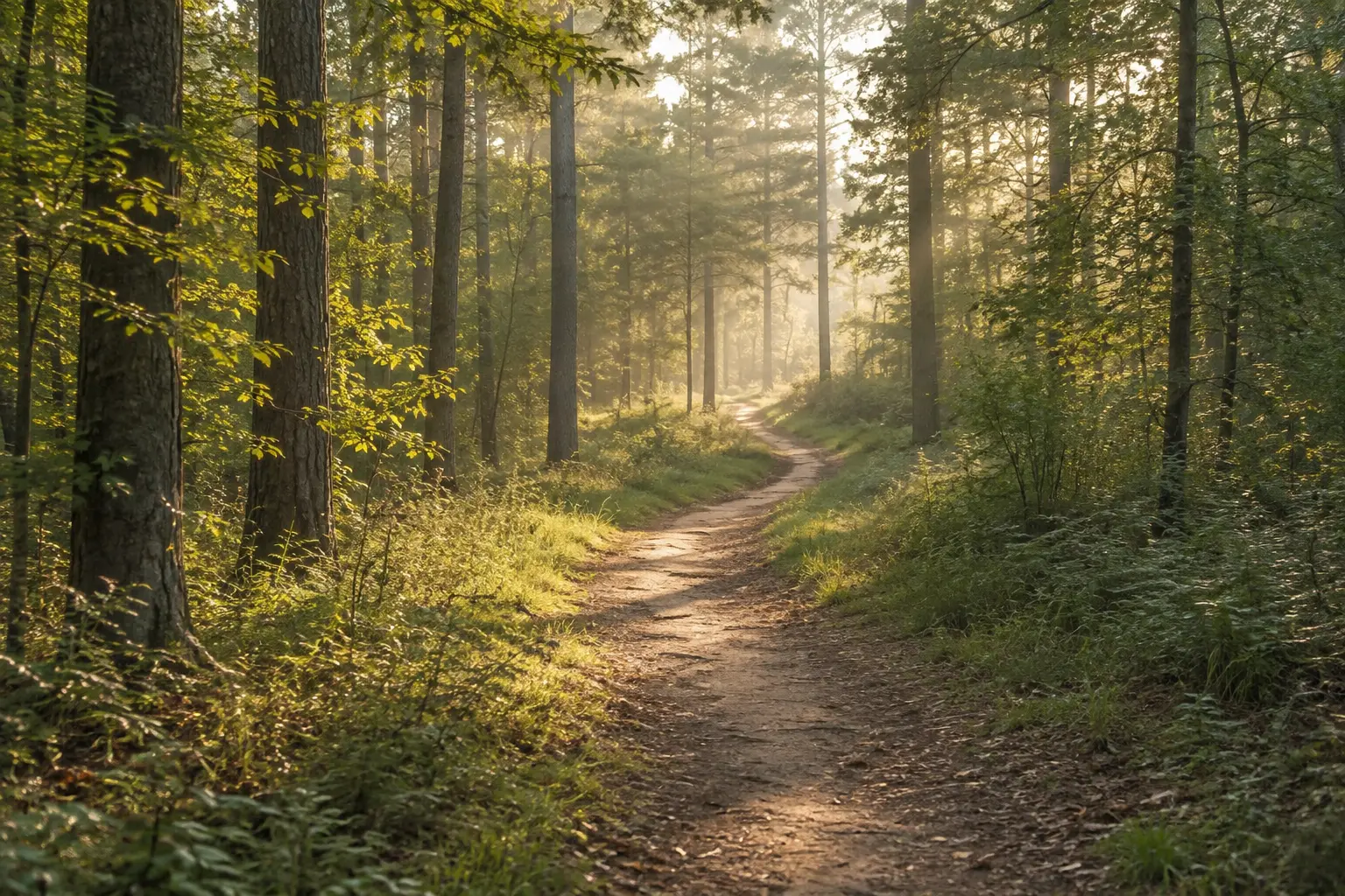 Sunlit forest path winding through tall trees, representing the journey of healing and walking alongside one another