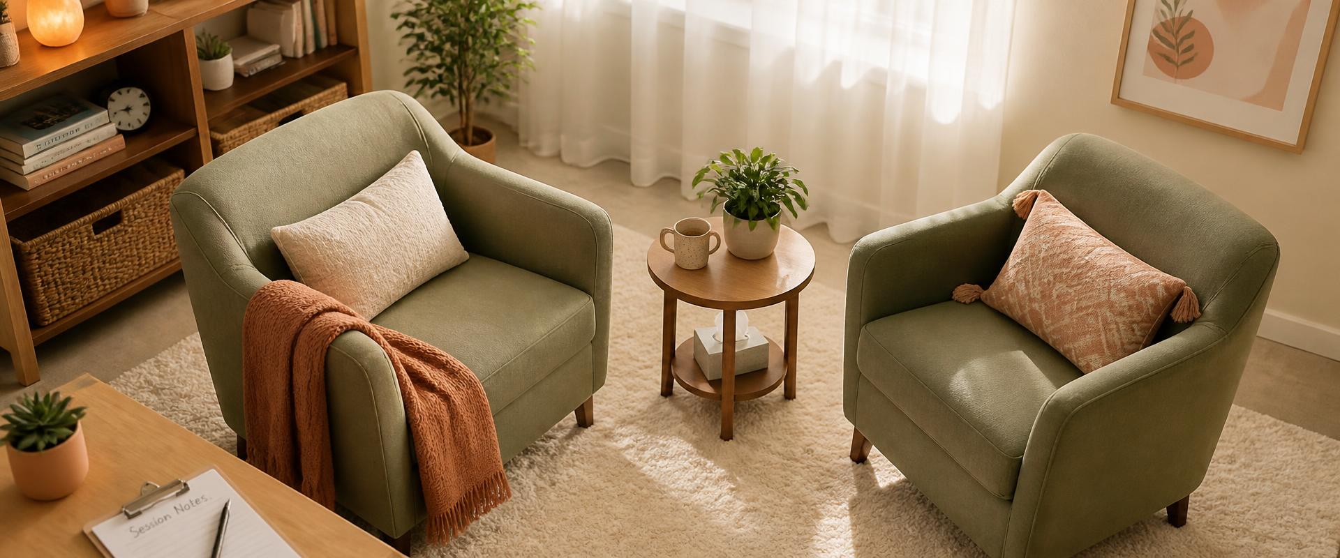 A warm, welcoming counseling space with two comfortable armchairs